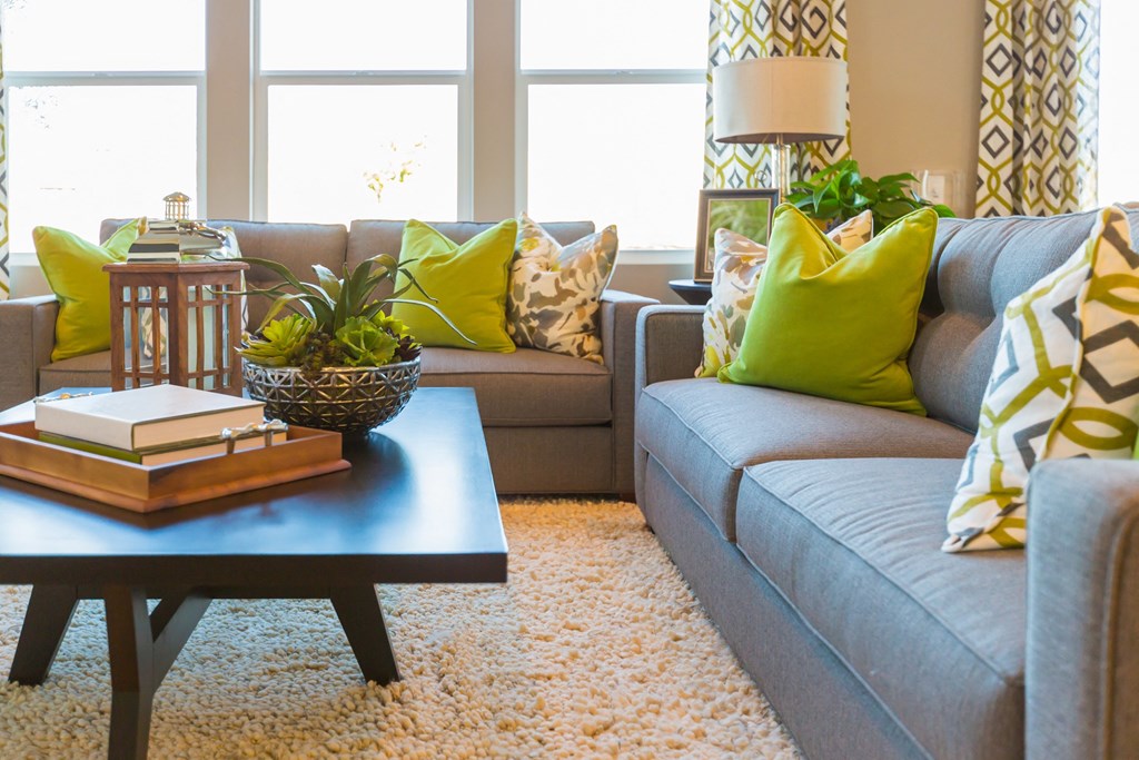 A living room with a grey couch, a coffee table with a book and a plant on it, and a rug on the floor.