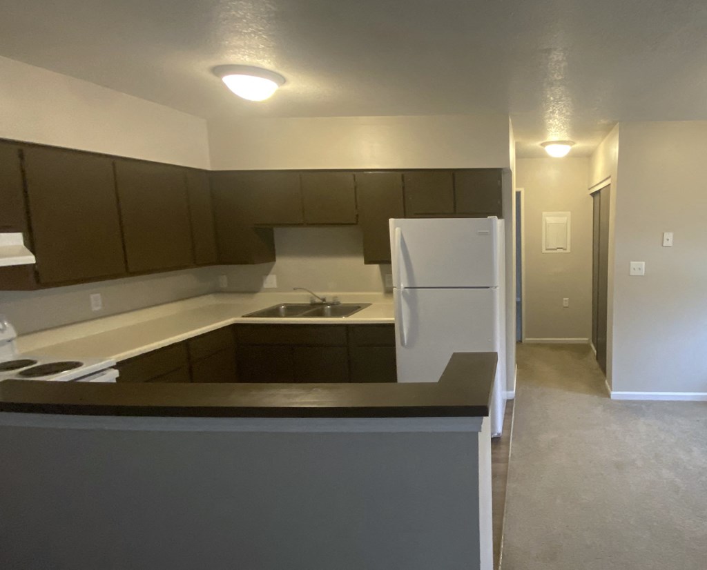 an empty kitchen with a refrigerator and a sink