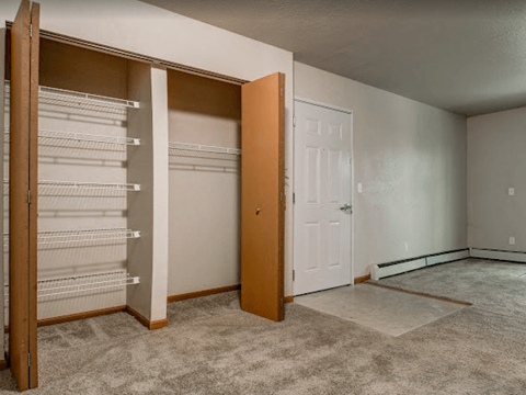 an empty bedroom with a closet and a door