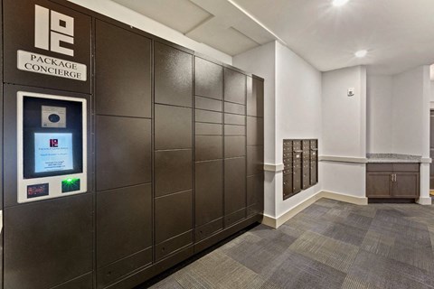 the lockers in the hallway of a building with a parking meter