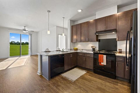 a kitchen with wooden cabinets and stainless steel appliances