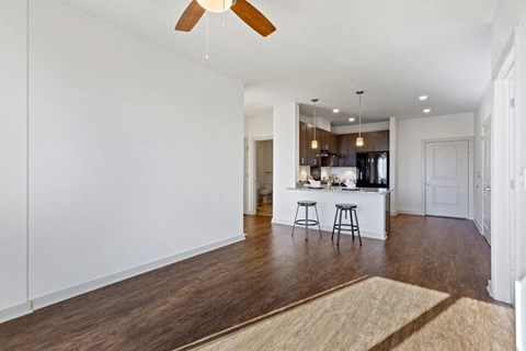 a living area with a kitchen and a ceiling fan