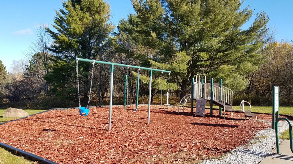 a playground with a swing set in a park