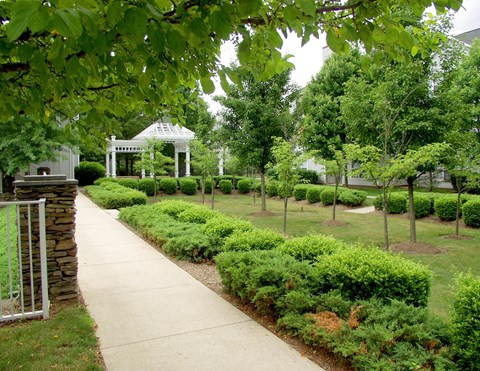 A garden with a gazebo in the background.