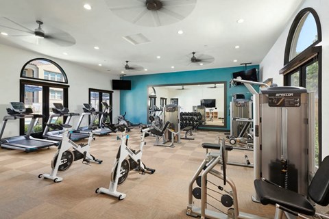 A gym with treadmills, exercise bikes, and other equipment.