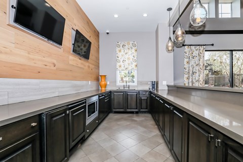 A modern kitchen with black cabinets and a wooden wall.