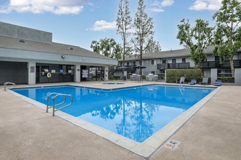 A large swimming pool in a residential area.