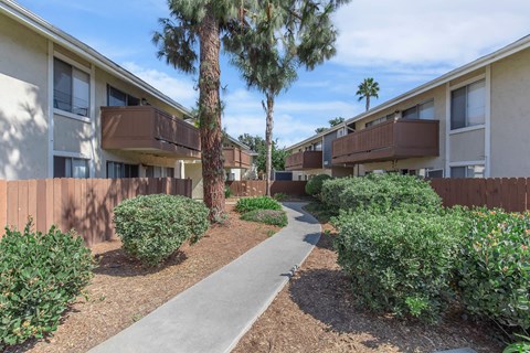 A pathway leads through a landscaped courtyard with a tree and shrubs.