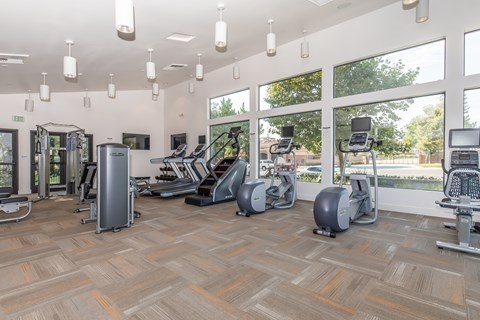 A gym with a variety of exercise equipment.