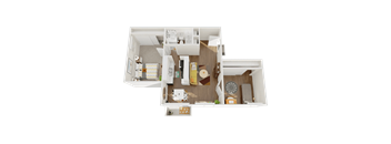 A 3D rendered image of a small apartment layout.