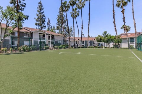 A soccer field in front of apartment buildings with palm trees.