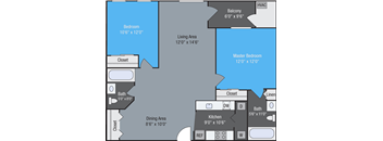 A floor plan of a house with a living area, dining area, kitchen, two bedrooms, a bathroom, and a balcony.