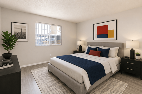 A bedroom with a bed, nightstands, and a plant.
