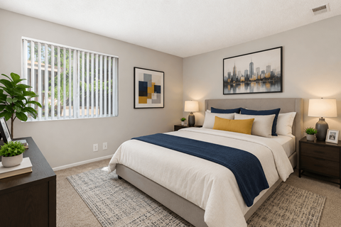A bedroom with a large bed and a cityscape picture on the wall.