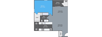 A floor plan of a home with a bedroom, living area, dining area, kitchen, and closet.