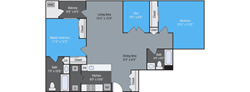 A floor plan of a house with a living area, two bedrooms, a master bedroom, a kitchen, and a bathroom.