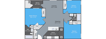 A blue and grey floor plan of a house with a balcony, two bedrooms, a master bedroom, a dining area, a kitchen, a bathroom, and a living area.