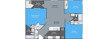 A blue and grey floor plan of a house with a master bedroom and a living area.