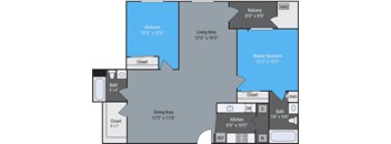 A floor plan of a house with a master bedroom, a balcony, and a dining area.