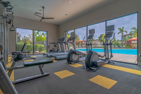 A gym with a variety of equipment including treadmills, weights, and exercise machines.