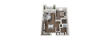 A floor plan of a small apartment with a kitchen, living room, and bathroom.