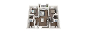 A 3D floor plan of a two-bedroom apartment with a living room, kitchen, and bathroom.