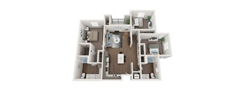 A 3D floor plan of a house layout.