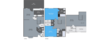 A blue rectangle in the middle of a floor plan represents a master bedroom.