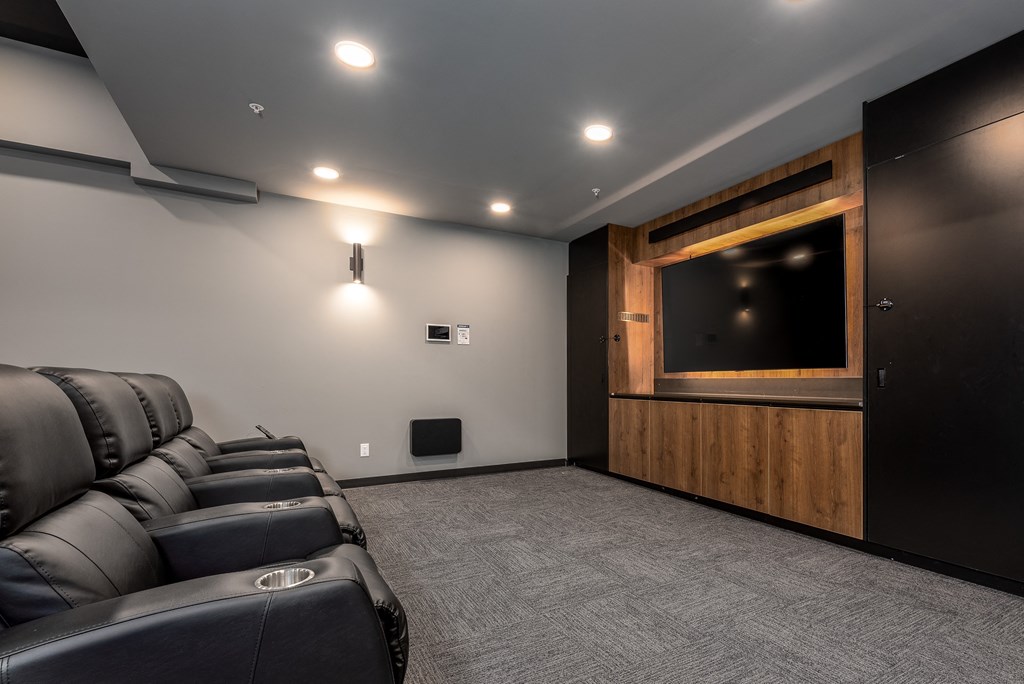 a large screening room with couches and a tv