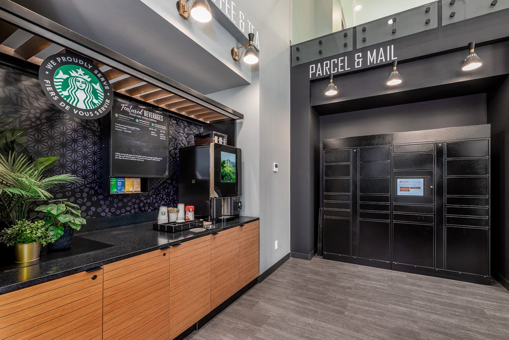 a coffee shop with a counter and a coffee machine in a building