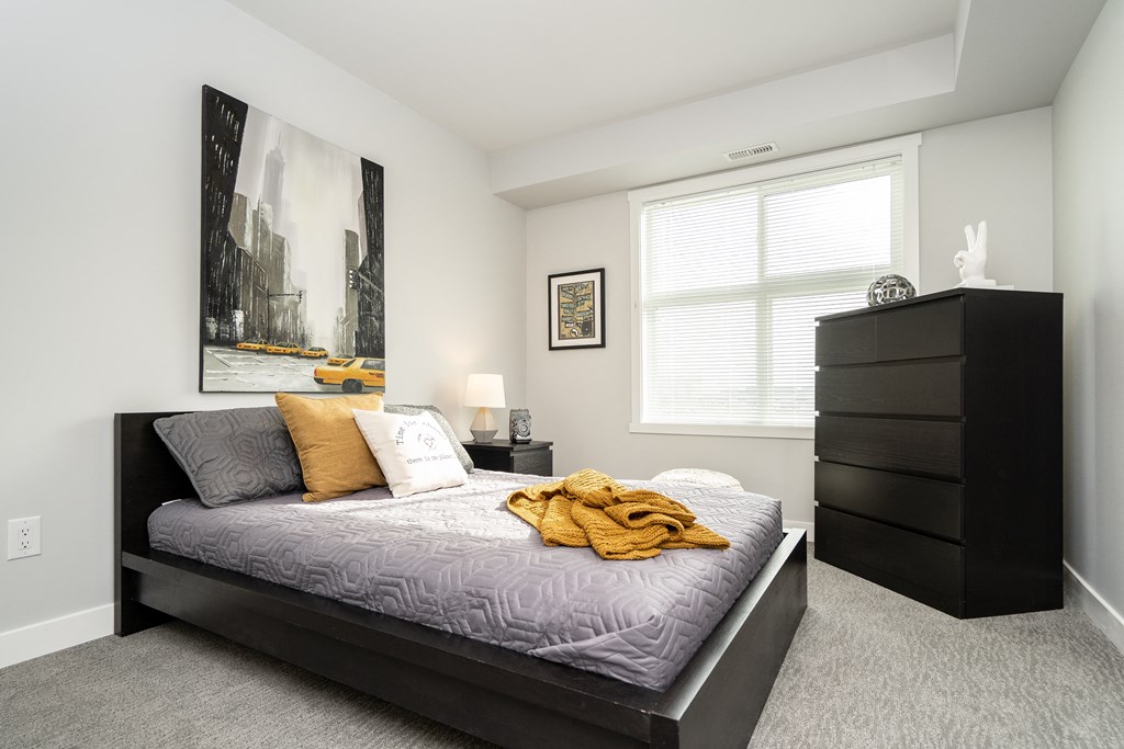 a bedroom with a bed and a dresser and a window