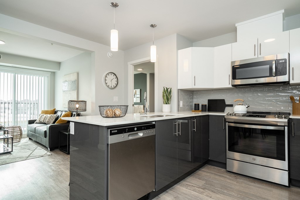 a kitchen with stainless steel appliances and a counter top