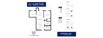 A floor plan for an apartment with two bedrooms and a den.