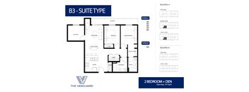 A floor plan for a suite type B3 showing the layout of two bedrooms and a den.