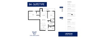 A floor plan for a suite type B4 at The Vanguard, showing two bedrooms, a living room, a dining room, a kitchen, and bathrooms.