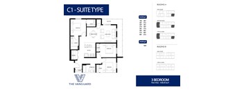 A floor plan for a suite type building with a 3 bedroom floor area of 1038.30 square feet.