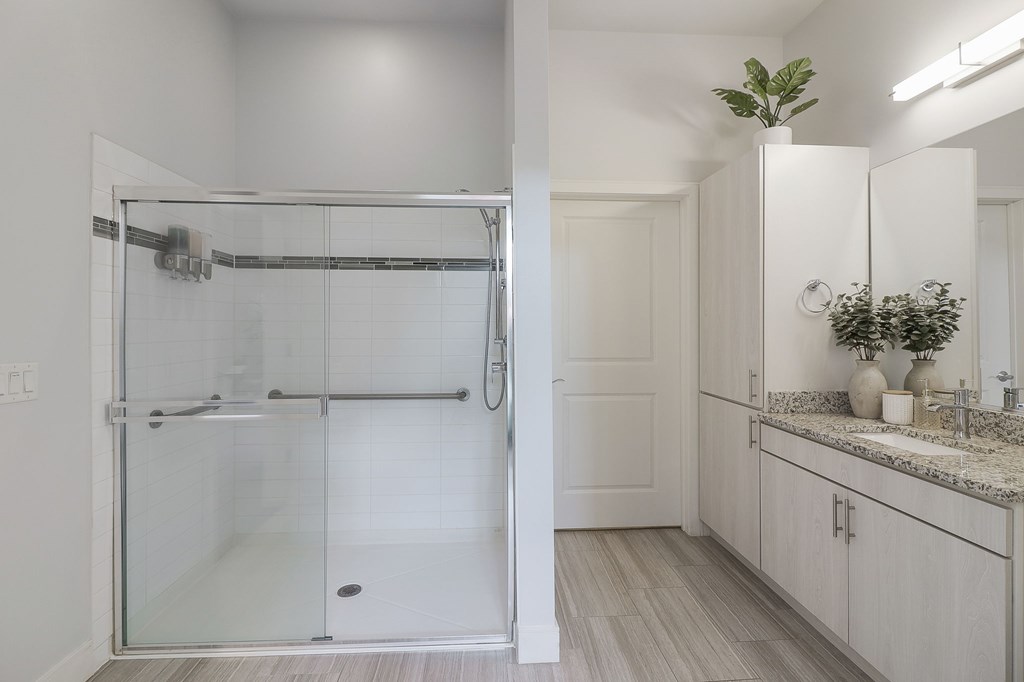 A bathroom with a walk-in shower and a sink.