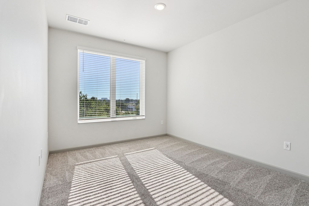 A room with a striped carpet and a window with blinds.