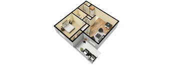 3d floor plan of a home with a bedroom and a living room