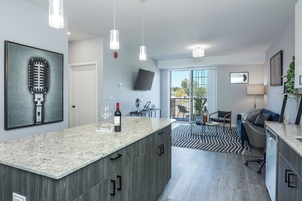 A modern kitchen with a marble countertop and a framed microphone on the wall.