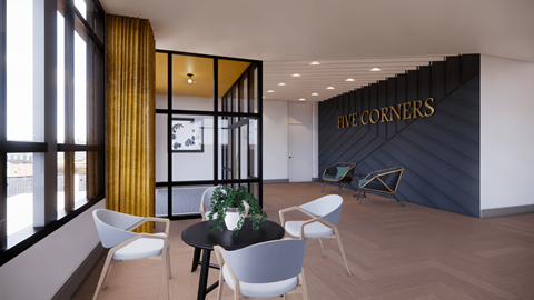a conference room with white chairs and a black table