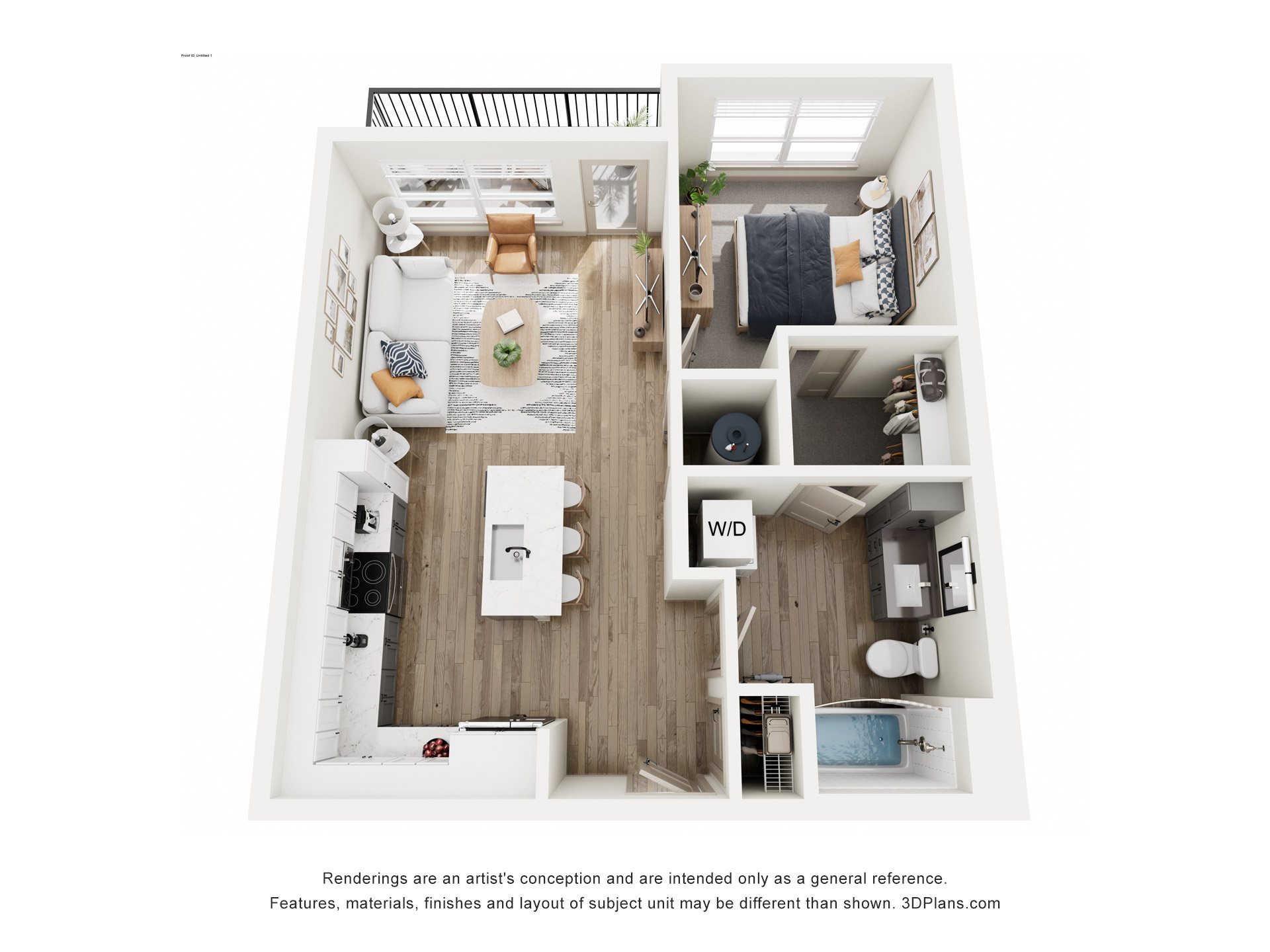 A 3D floor plan of a small apartment with a kitchen, living room, and bedroom.