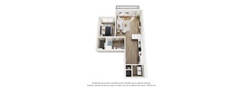A 3D floor plan of a small apartment with a kitchen, living room, and bathroom.