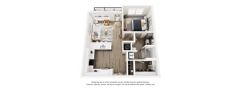 A 3D floor plan of a small apartment with a kitchen, living room, and bedroom.