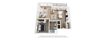 A top-down view of a small apartment with a kitchen, living room, and bathroom.