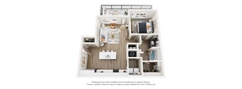 A 3D rendering of a modern, minimalist apartment with a kitchen, living room, and bedroom.