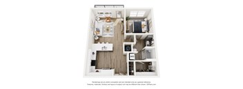 A 3D floor plan of a small apartment with a kitchen, living room, and bedrooms.