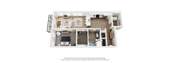 A 3D floor plan of a small apartment with a kitchen, living room, and bedroom.