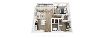 A 3D floor plan of a small apartment with a kitchen, living room, and bathroom.