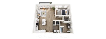 A 3D floor plan of a small apartment with a kitchen, living room, and bedroom.